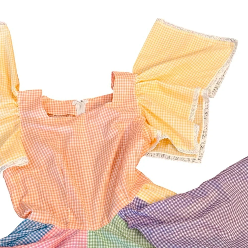 Vintage 70s Colorful Square Dance Full Circle Rockabilly Angel Sleeve Dress M - Picture 4 of 8